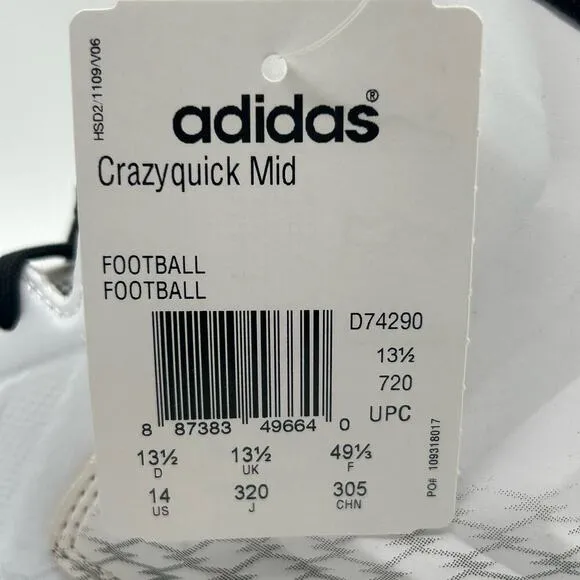 Adidas Shoes Mens 14 White Crazy Quick Mid Performance Football Cleats NEW