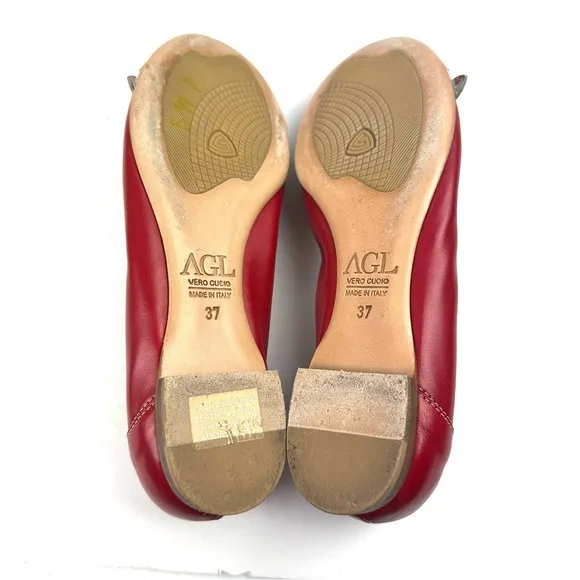 AGL Monika Flats 37 Red Soft Leather Slip On Comfort Shoes Silver Accent Italy