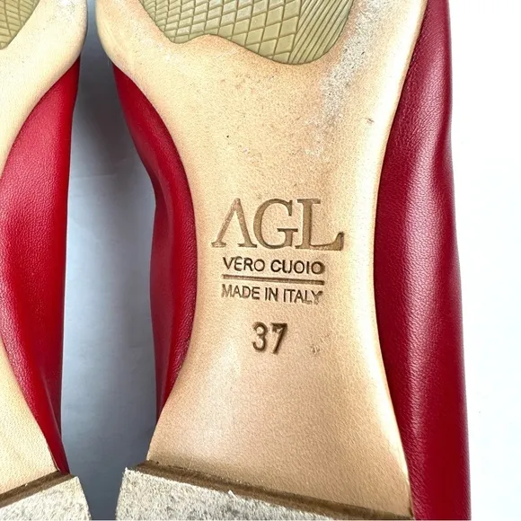 AGL Monika Flats 37 Red Soft Leather Slip On Comfort Shoes Silver Accent Italy