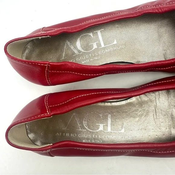 AGL Monika Flats 37 Red Soft Leather Slip On Comfort Shoes Silver Accent Italy