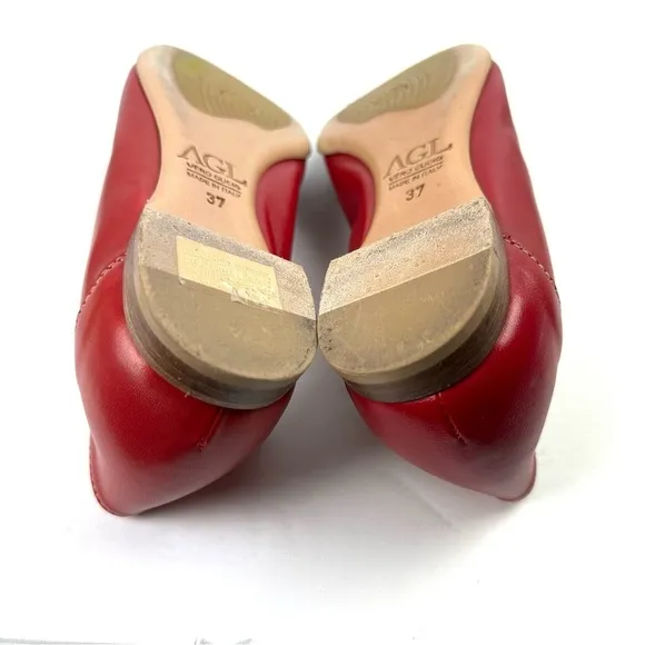 AGL Monika Flats 37 Red Soft Leather Slip On Comfort Shoes Silver Accent Italy