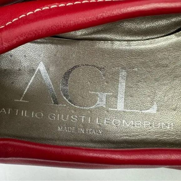 AGL Monika Flats 37 Red Soft Leather Slip On Comfort Shoes Silver Accent Italy