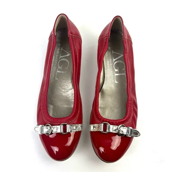 AGL Monika Flats 37 Red Soft Leather Slip On Comfort Shoes Silver Accent Italy