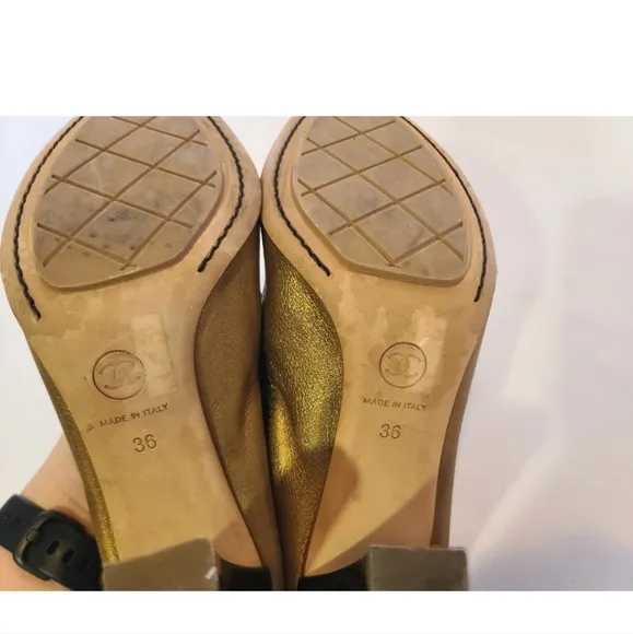Authentic Chanel Designer Gold Black Womens Stretch Pump Heels EUR 36 US…