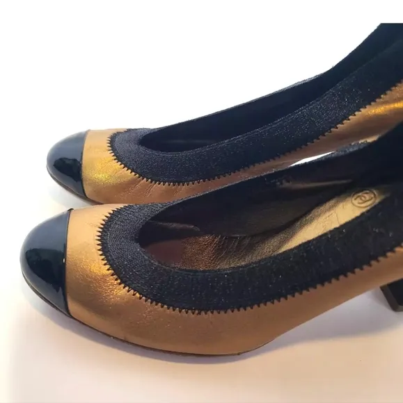 Authentic Chanel Designer Gold Black Womens Stretch Pump Heels EUR 36 US…