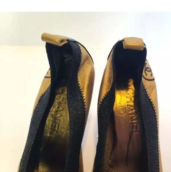 Authentic Chanel Designer Gold Black Womens Stretch Pump Heels EUR 36 US…