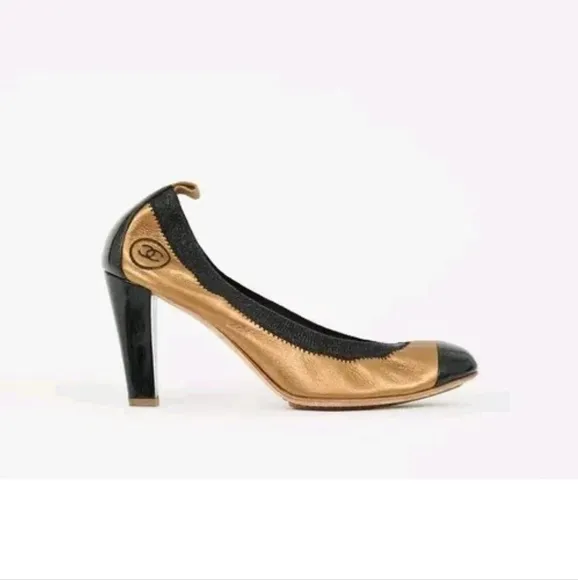Authentic Chanel Designer Gold Black Womens Stretch Pump Heels EUR 36 US…