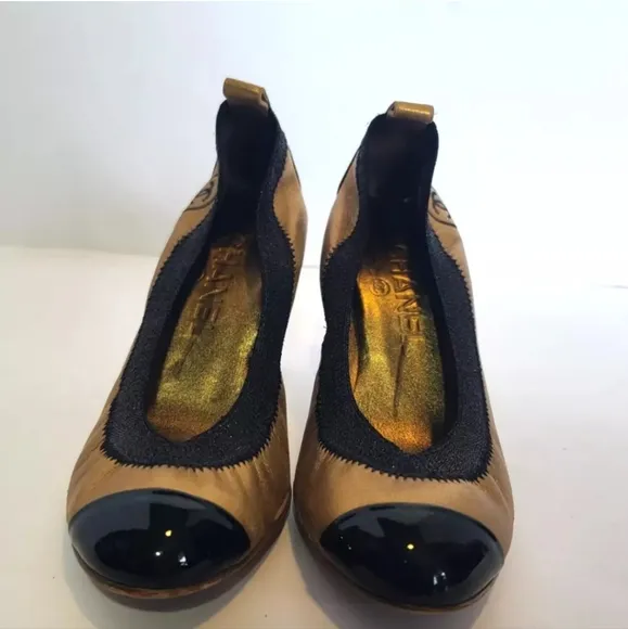 Authentic Chanel Designer Gold Black Womens Stretch Pump Heels EUR 36 US…
