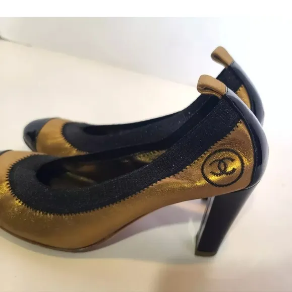 Authentic Chanel Designer Gold Black Womens Stretch Pump Heels EUR 36 US…