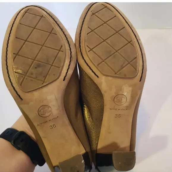 Authentic Chanel Designer Gold Black Womens Stretch Pump Heels EUR 36 US…