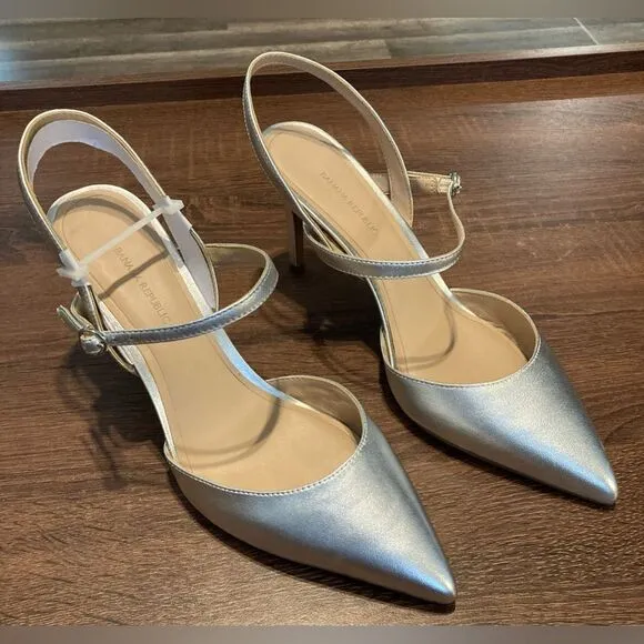 BANANA REPUBLIC Cross Halter Madis Silver Pointed Heels 4” High Size 10