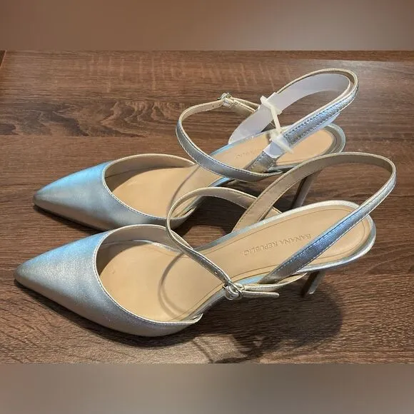 BANANA REPUBLIC Cross Halter Madis Silver Pointed Heels 4” High Size 10