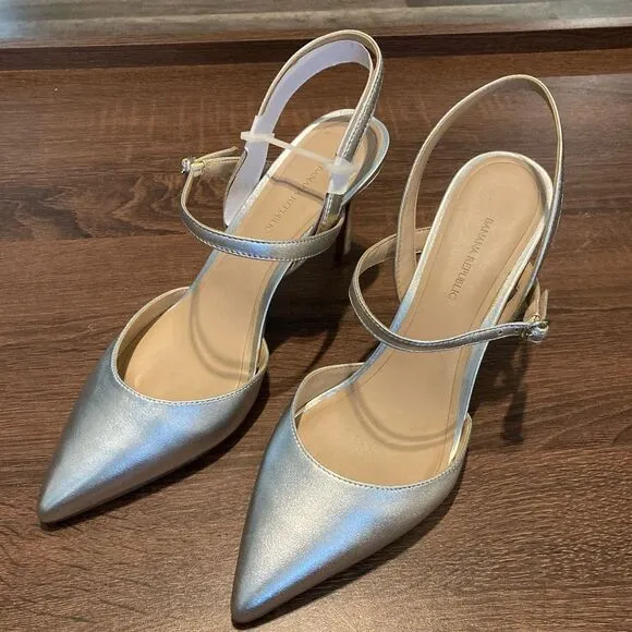 BANANA REPUBLIC Cross Halter Madis Silver Pointed Heels 4” High Size 10