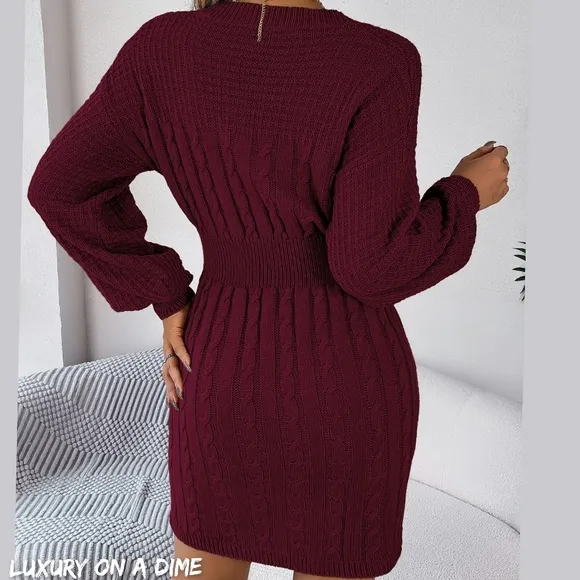 Cable Waffle Knit Blend Cut-out Round Neck Long Sleeve Mini Sweater Dress Red