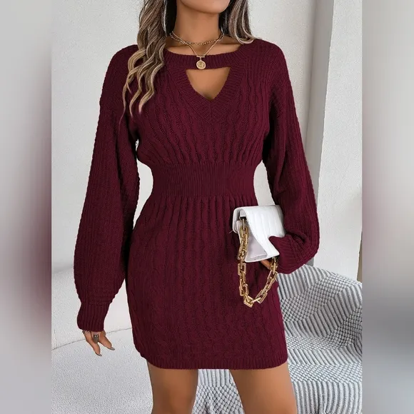 Cable Waffle Knit Blend Cut-out Round Neck Long Sleeve Mini Sweater Dress Red