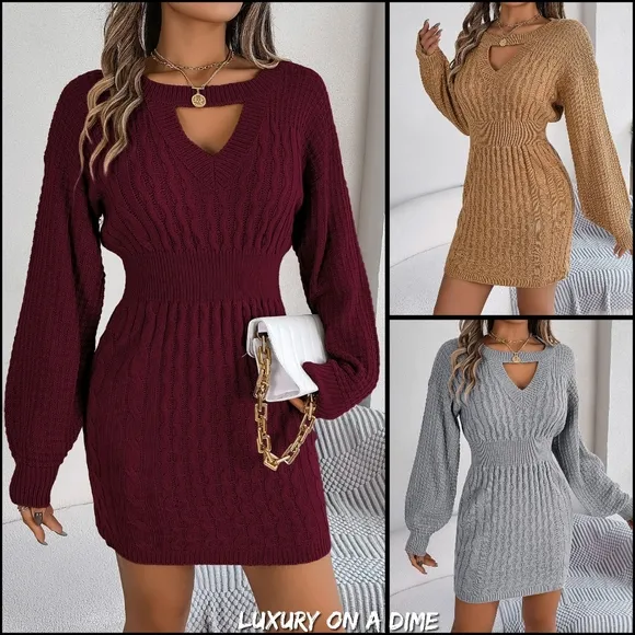 Cable Waffle Knit Blend Cut-out Round Neck Long Sleeve Mini Sweater Dress Red