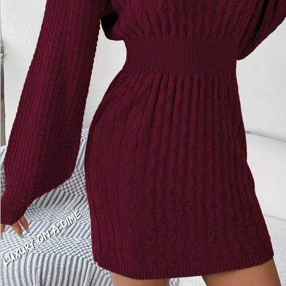 Cable Waffle Knit Blend Cut-out Round Neck Long Sleeve Mini Sweater Dress Red