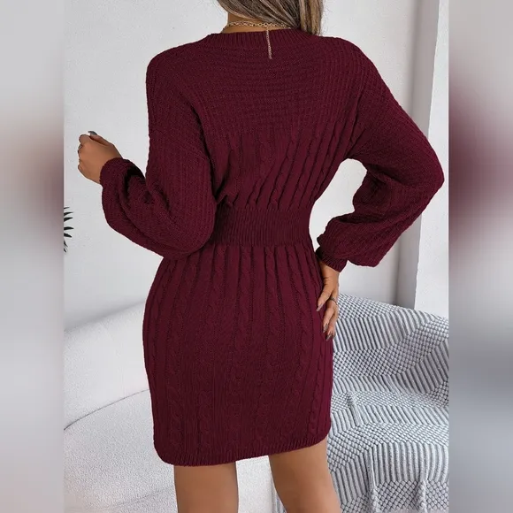 Cable Waffle Knit Blend Cut-out Round Neck Long Sleeve Mini Sweater Dress Red