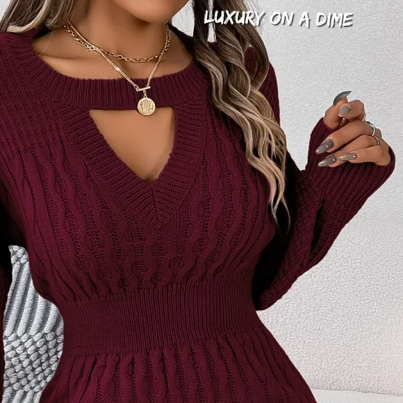 Cable Waffle Knit Blend Cut-out Round Neck Long Sleeve Mini Sweater Dress Red