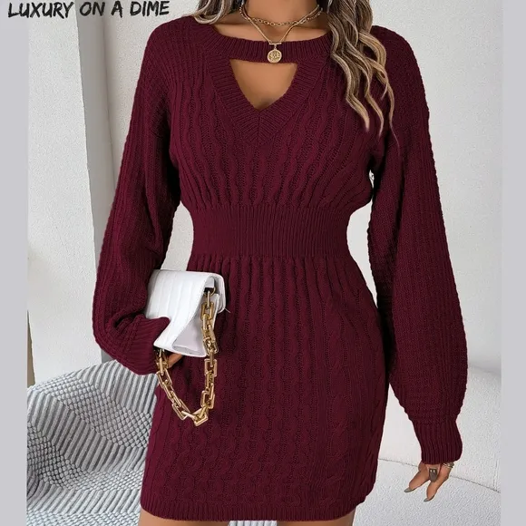 Cable Waffle Knit Blend Cut-out Round Neck Long Sleeve Mini Sweater Dress Red