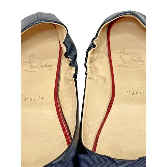 CHRISTIAN LOUBOUTIN Gloriana Soft Leather Ballet Flats 37.5 Black W/ Bow &amp; COA