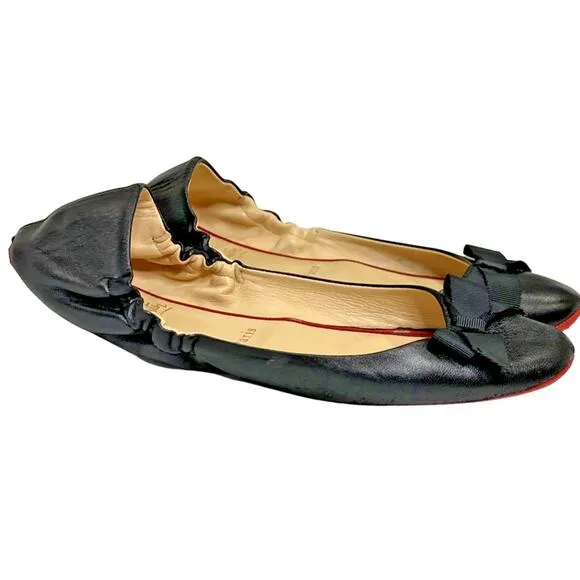 CHRISTIAN LOUBOUTIN Gloriana Soft Leather Ballet Flats 37.5 Black W/ Bow &amp; COA
