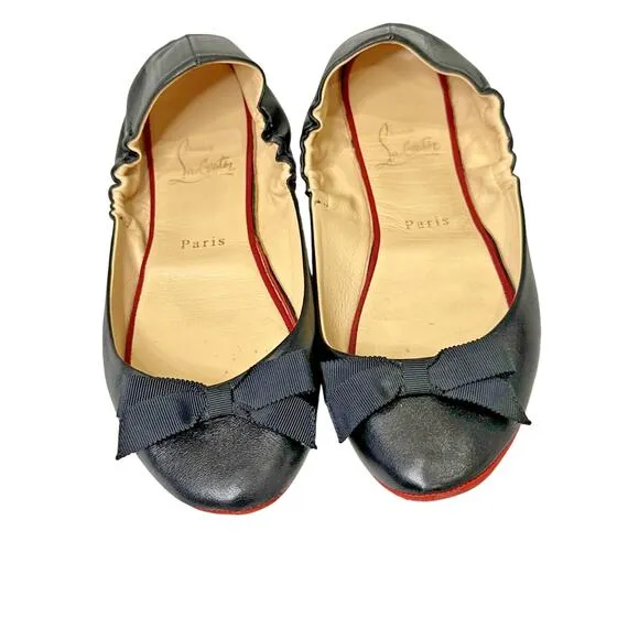 CHRISTIAN LOUBOUTIN Gloriana Soft Leather Ballet Flats 37.5 Black W/ Bow &amp; COA
