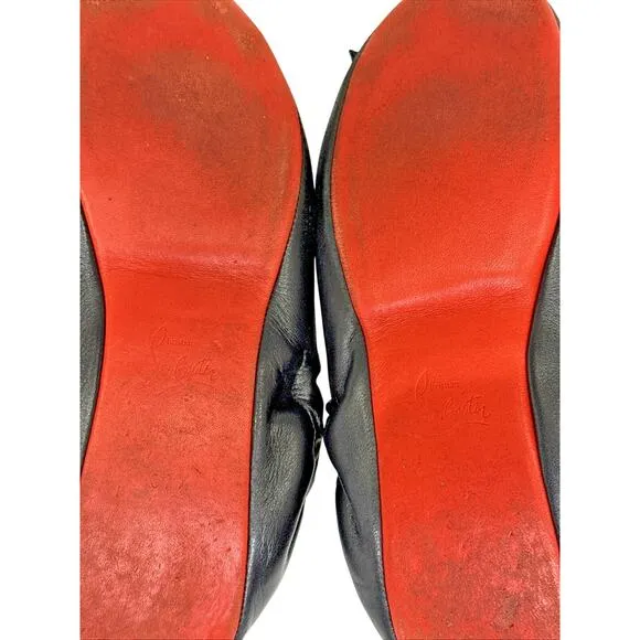 CHRISTIAN LOUBOUTIN Gloriana Soft Leather Ballet Flats 37.5 Black W/ Bow &amp; COA