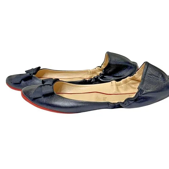 CHRISTIAN LOUBOUTIN Gloriana Soft Leather Ballet Flats 37.5 Black W/ Bow &amp; COA