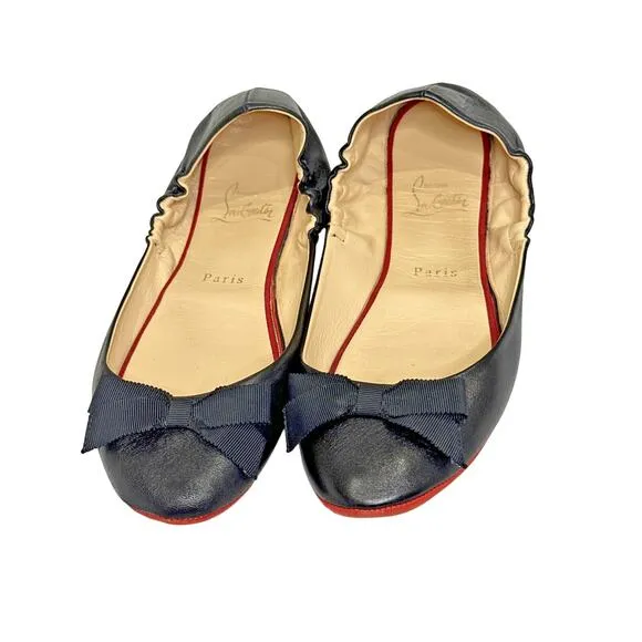 CHRISTIAN LOUBOUTIN Gloriana Soft Leather Ballet Flats 37.5 Black W/ Bow &amp; COA