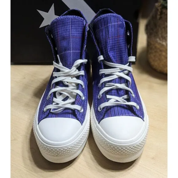 Converse Chuck Taylor All Star Lift Platform Purple Plaid Hi Top Shoes W8.5 NIB