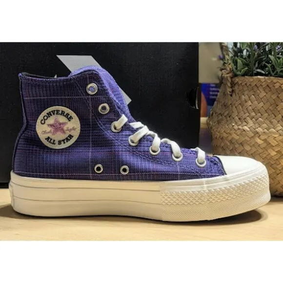 Converse Chuck Taylor All Star Lift Platform Purple Plaid Hi Top Shoes W8.5 NIB