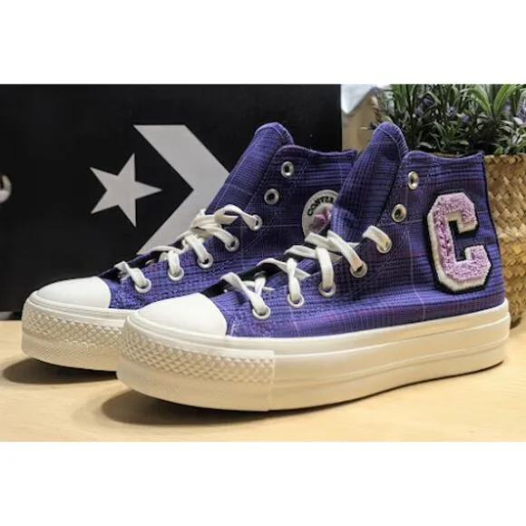 Converse Chuck Taylor All Star Lift Platform Purple Plaid Hi Top Shoes W8.5 NIB