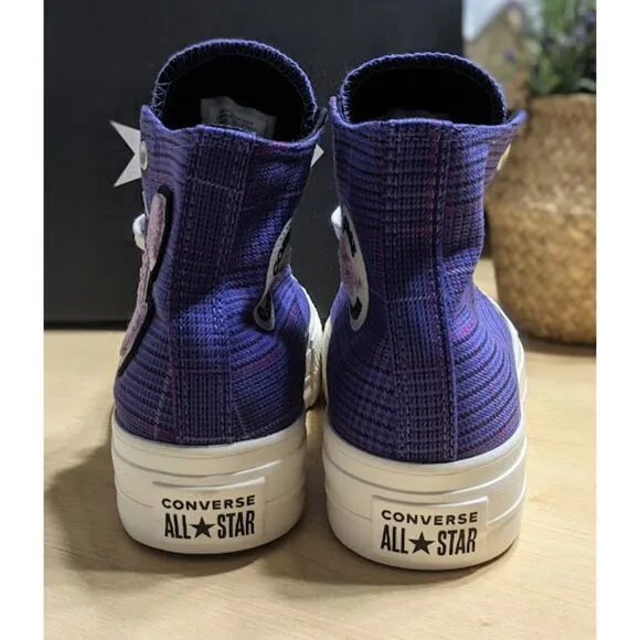 Converse Chuck Taylor All Star Lift Platform Purple Plaid Hi Top Shoes W8.5 NIB