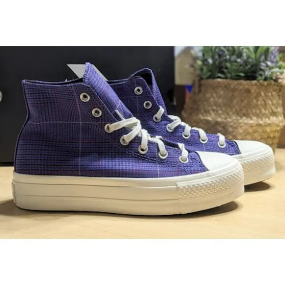 Converse Chuck Taylor All Star Lift Platform Purple Plaid Hi Top Shoes W8.5 NIB