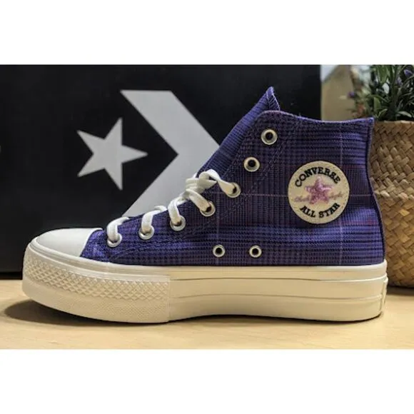 Converse Chuck Taylor All Star Lift Platform Purple Plaid Hi Top Shoes W8.5 NIB