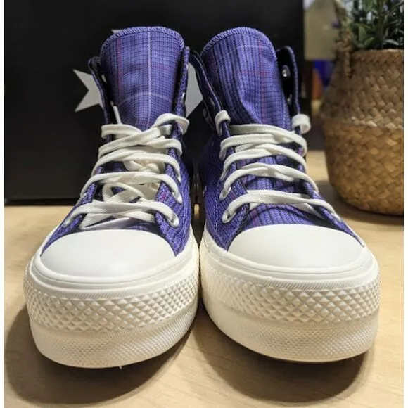 Converse Chuck Taylor All Star Lift Platform Purple Plaid Hi Top Shoes W8.5 NIB