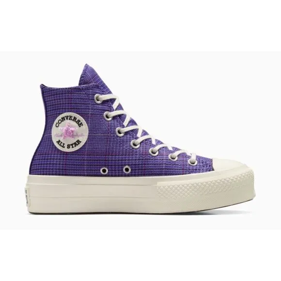 Converse Chuck Taylor All Star Lift Platform Purple Plaid Hi Top Shoes W8.5 NIB
