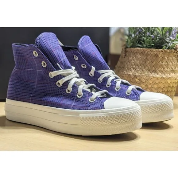 Converse Chuck Taylor All Star Lift Platform Purple Plaid Hi Top Shoes W8.5 NIB