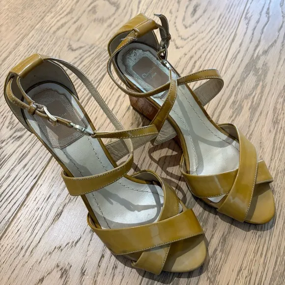 Dior Cork Wedge Patent Strappy Sandals