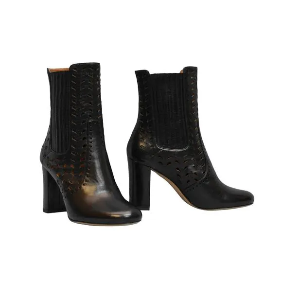 E0 NEW DEREK LAM Emilia Black Leather Laser Cut Boots Shoes Size 37.5 $950