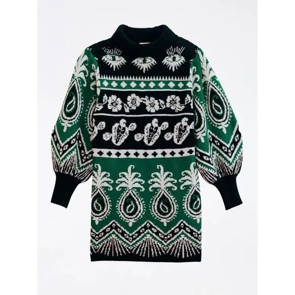 Farm Rio Sweater Dress S Mystic Scarf Green Puff Sleeves