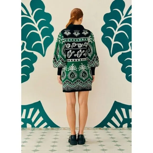 Farm Rio Sweater Dress S Mystic Scarf Green Puff Sleeves