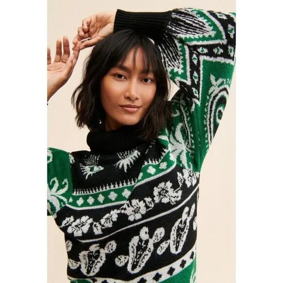 Farm Rio Sweater Dress S Mystic Scarf Green Puff Sleeves
