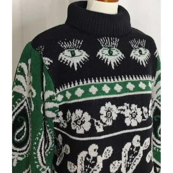 Farm Rio Sweater Dress S Mystic Scarf Green Puff Sleeves