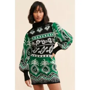 Farm Rio Sweater Dress S Mystic Scarf Green Puff Sleeves