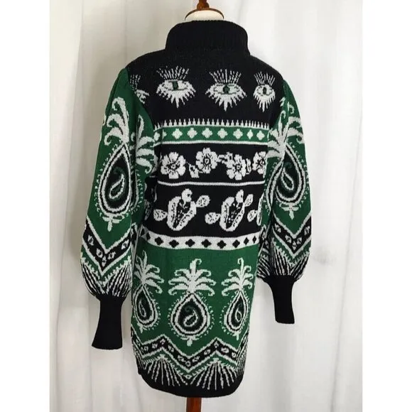 Farm Rio Sweater Dress S Mystic Scarf Green Puff Sleeves
