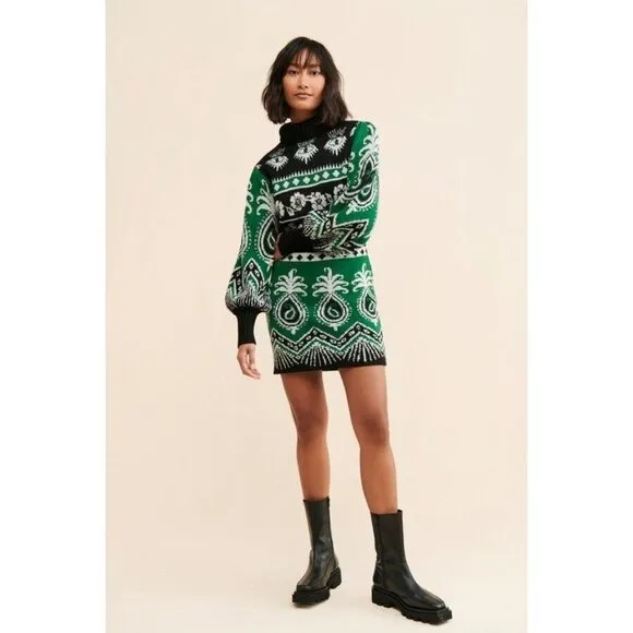 Farm Rio Sweater Dress S Mystic Scarf Green Puff Sleeves