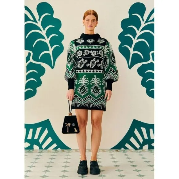Farm Rio Sweater Dress S Mystic Scarf Green Puff Sleeves