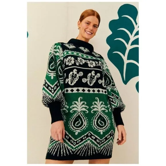 Farm Rio Sweater Dress S Mystic Scarf Green Puff Sleeves
